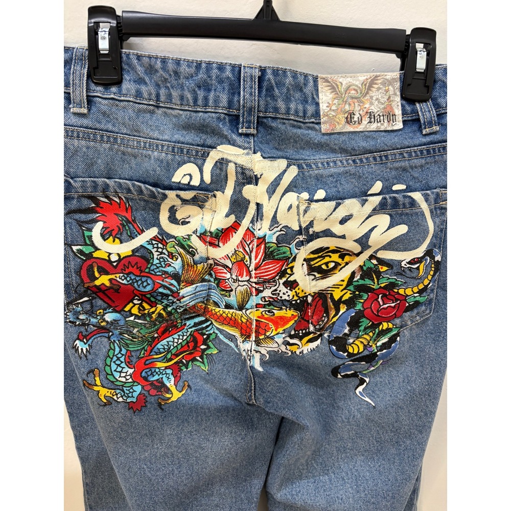 Ed Hardy Denim Jeans Size 28 Medium Wash Tattoo Graphic Dragon Tiger Koi Y2K